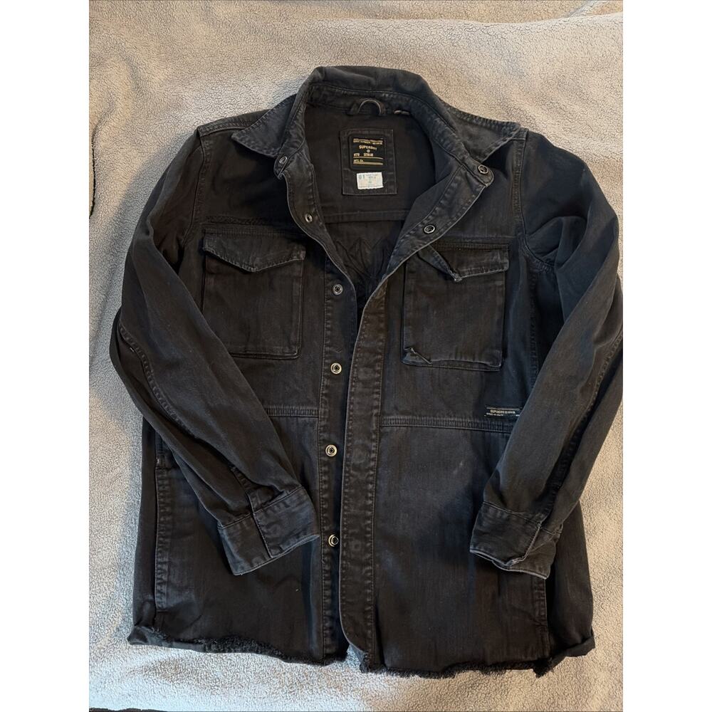 Superdry Womens Shacket Denim Shirt 6 Frayed Embroidered Grunge Utility Gorpcore
